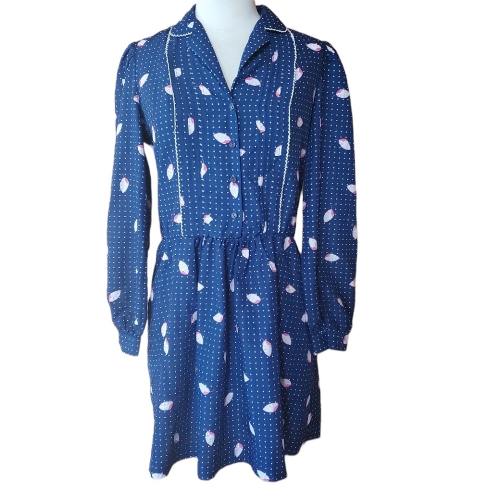 1960s Kay Windsor‎ Blue & White Polka Dot Leaf Mini